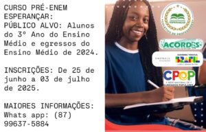 ABERTAS AS INSCRIÇÕES PARA O CURSO PREPARATÓRIO PRÉ-ENEM ESPERANÇAR EM SERTÂNIA